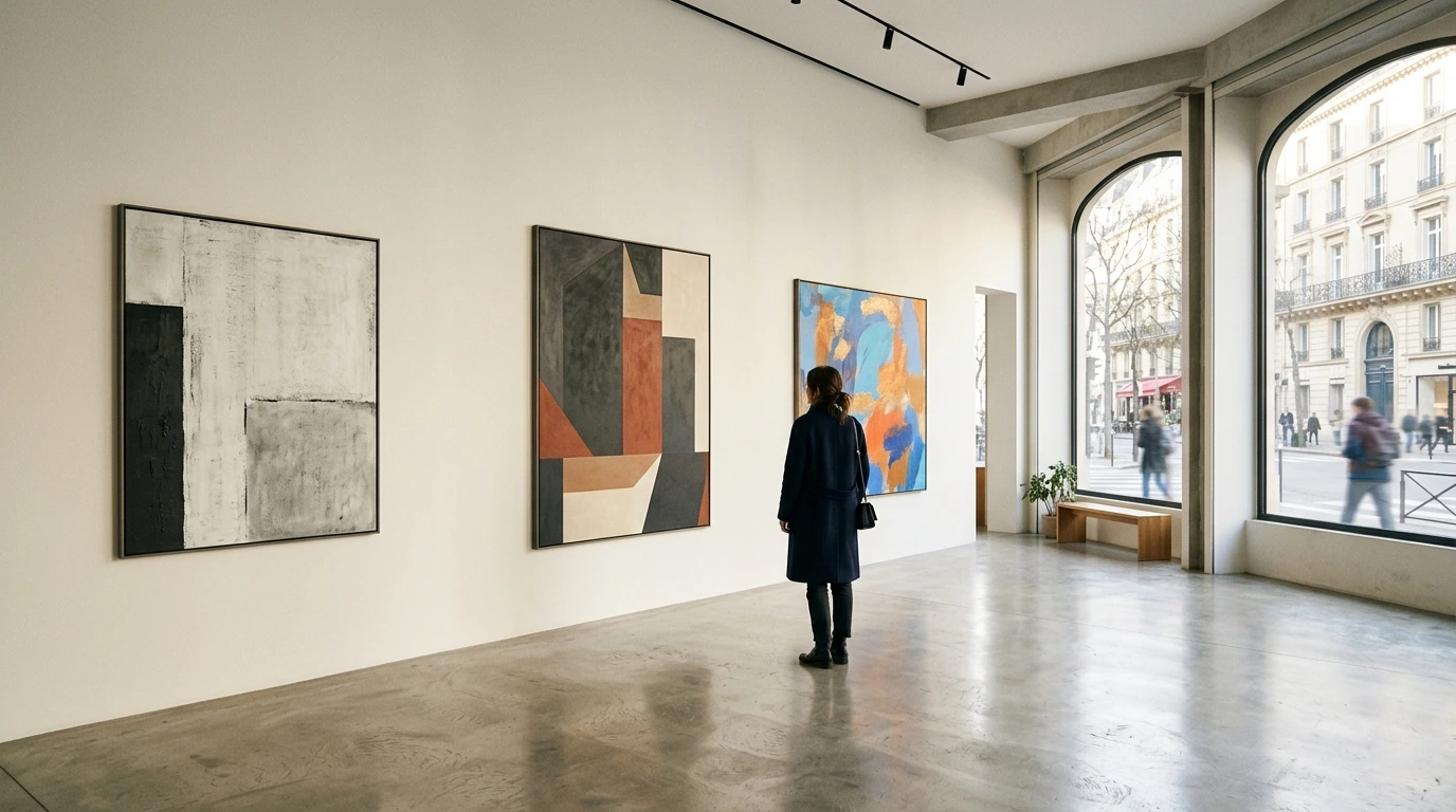Salle d’exposition d’une galerie d’art parisienne, accrochage aéré