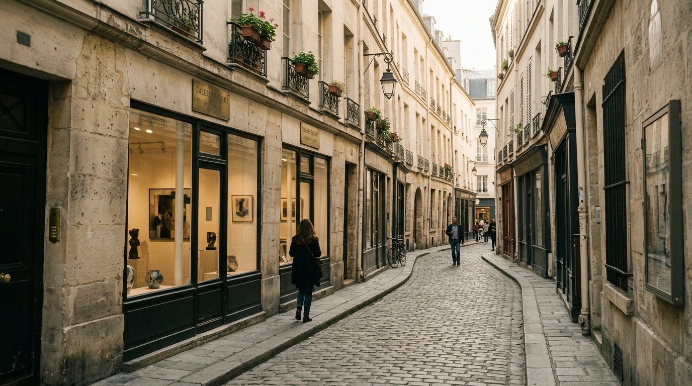 Rue du Marais bordée de vitrines de galeries d’art