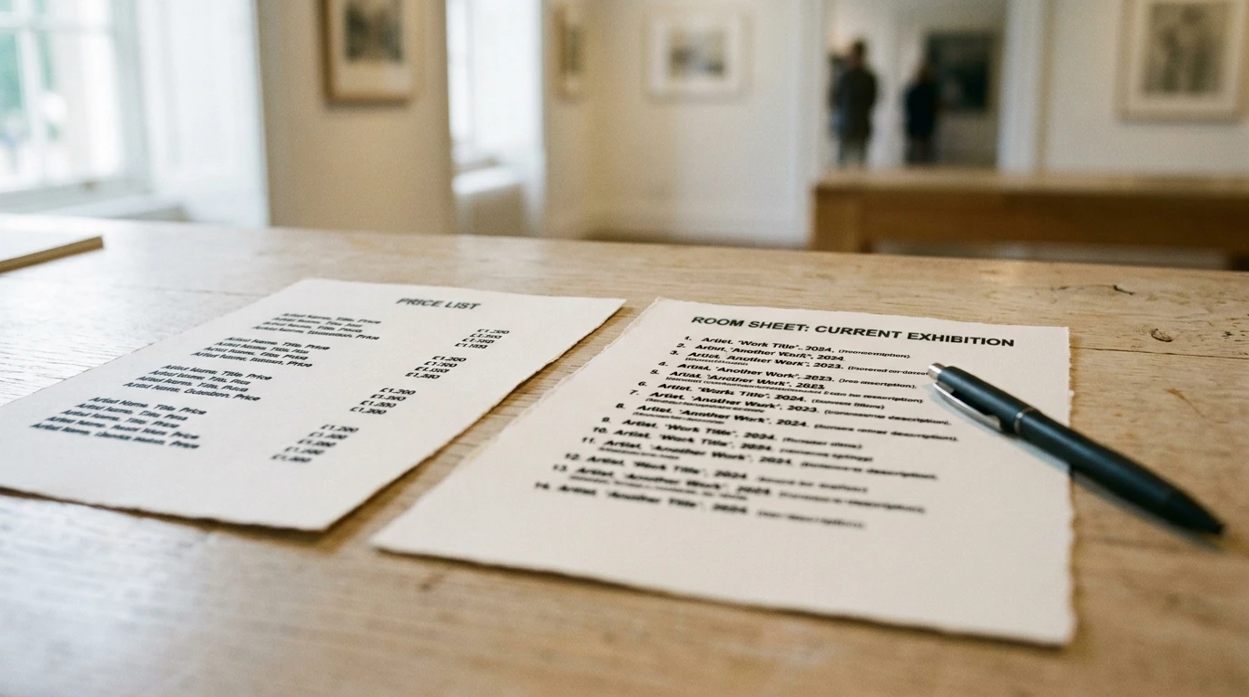 Fiche de salle et feuillet de prix posés sur un comptoir de galerie