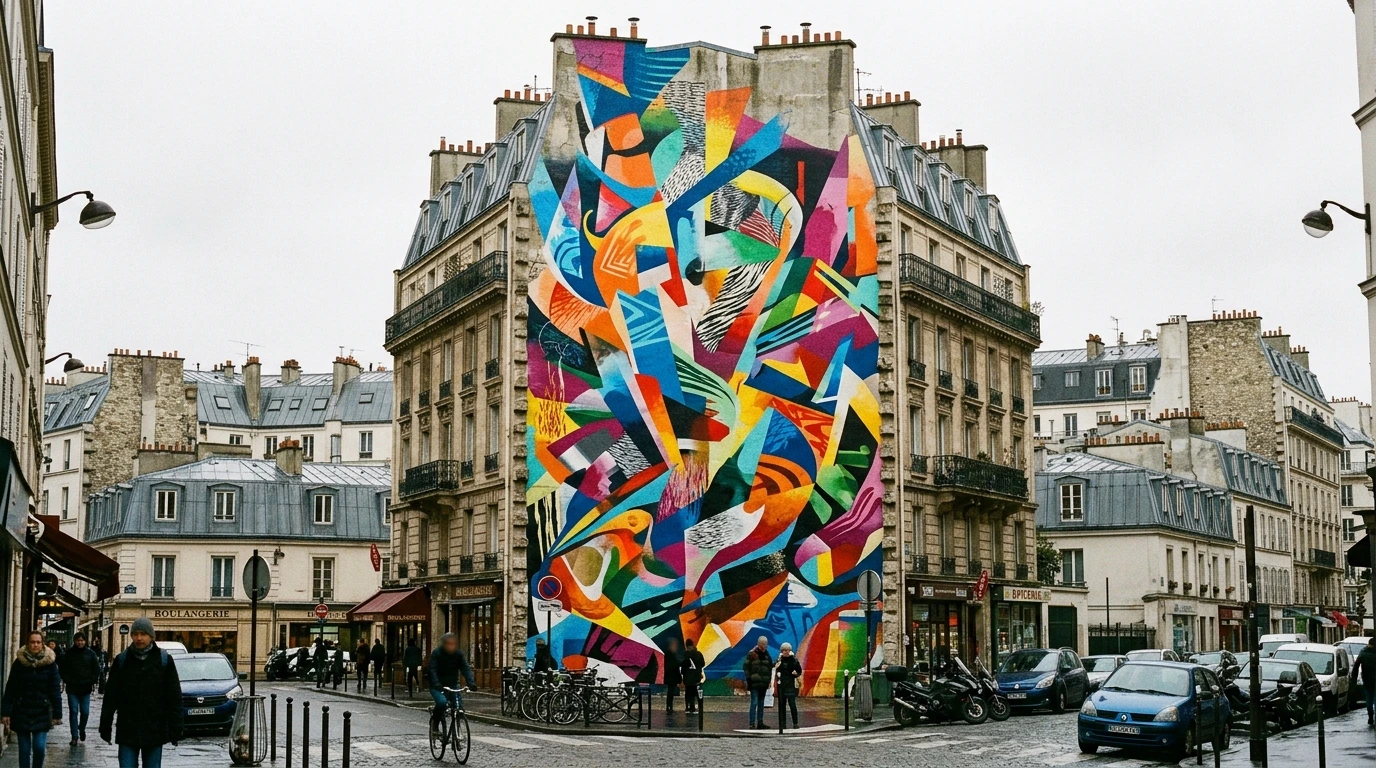 Fresque murale monumentale sur un pignon d’immeuble parisien