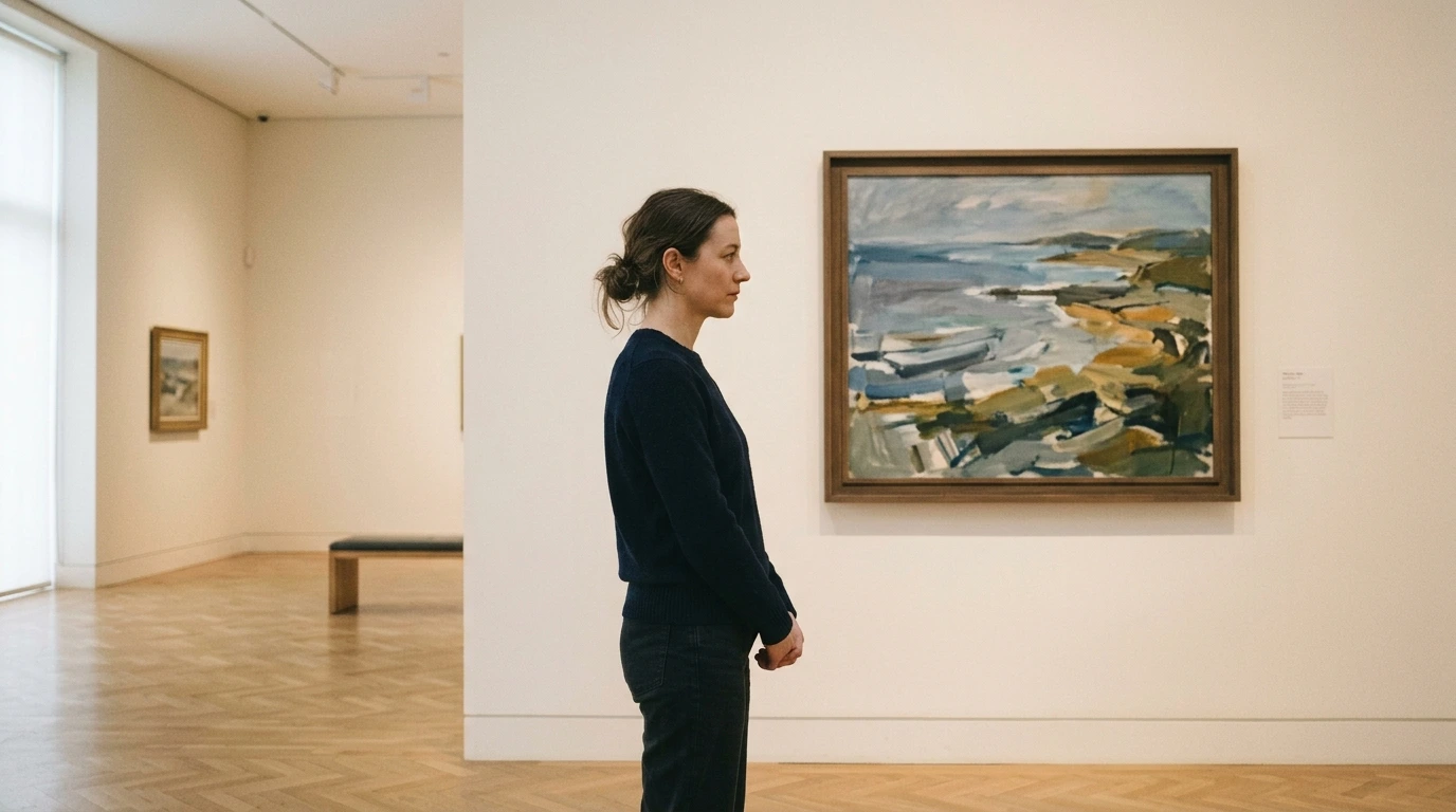 Acheteur observant une toile avant décision d’achat en galerie