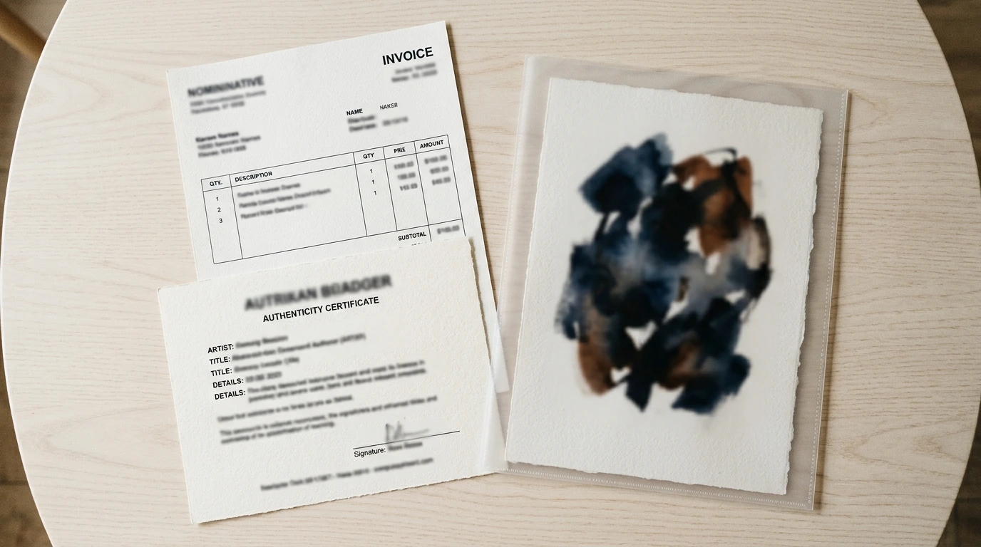 Certificat d’authenticité et facture rangés avec une œuvre sur papier