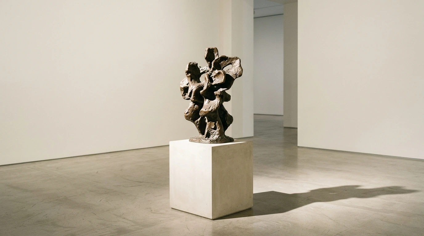 Sculpture contemporaine en bronze éclairée latéralement sur son socle