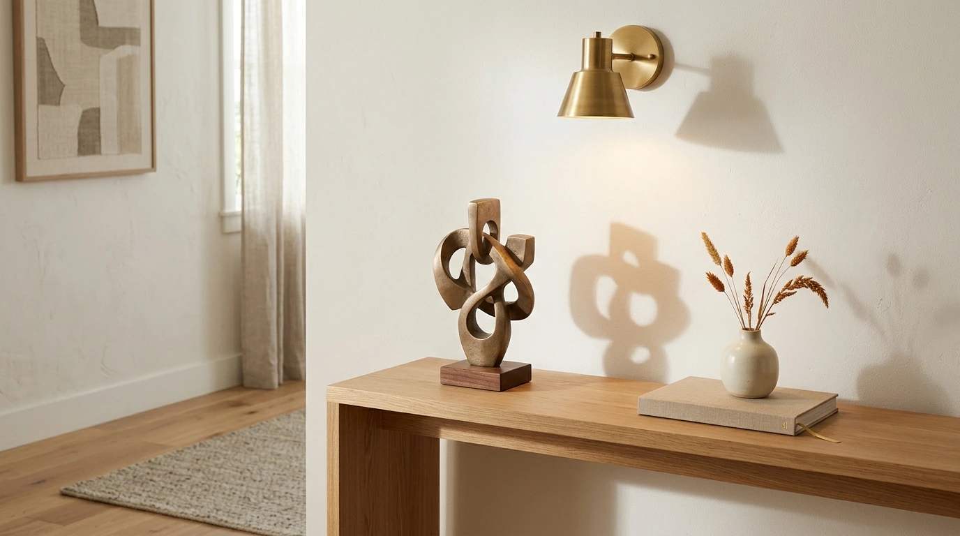 Sculpture posée sur une console dans un intérieur clair