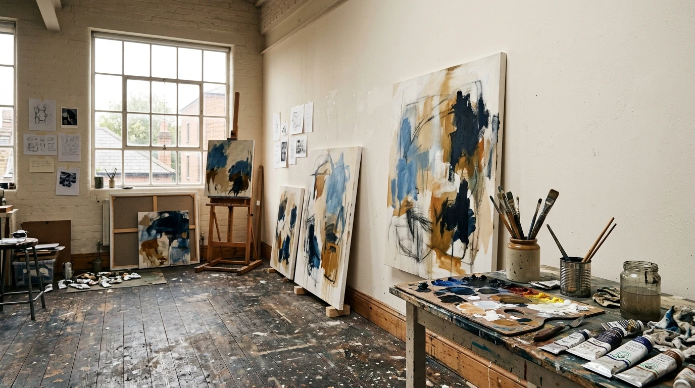 Atelier de peintre contemporain, toiles en cours contre le mur