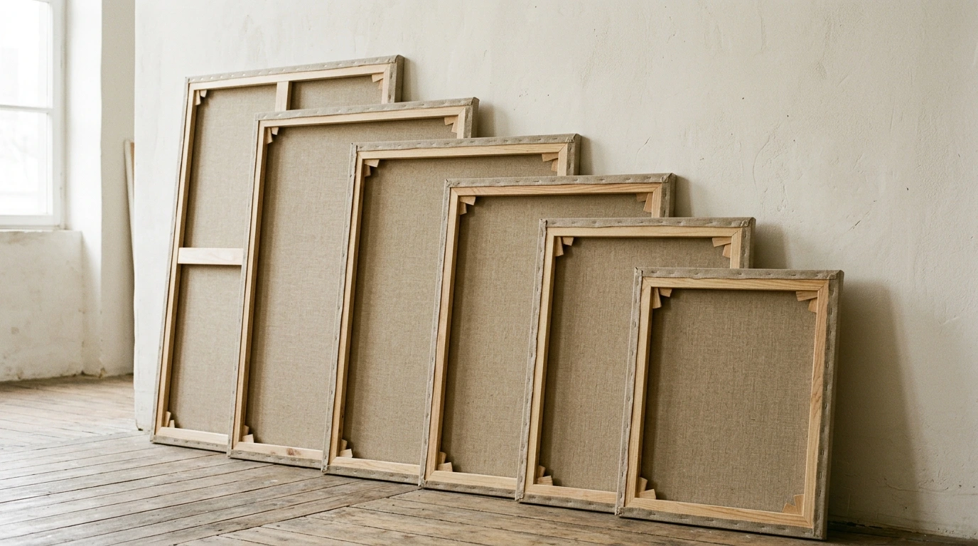 Châssis de formats normalisés rangés contre un mur d’atelier