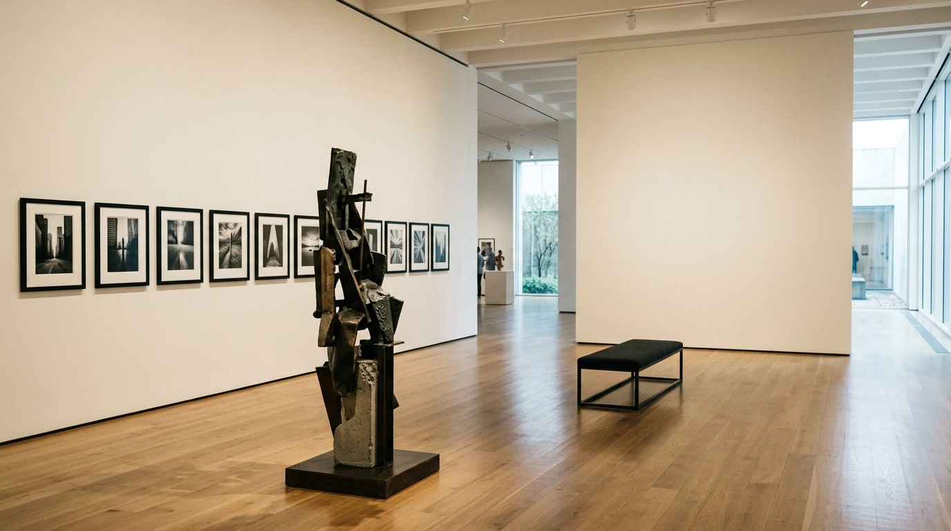 Sculpture et photographies réunies dans une galerie d’art contemporain