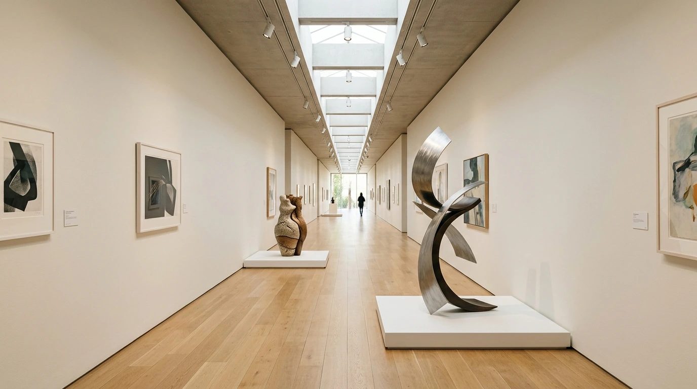 Couloir lumineux d’une galerie avec sculptures contemporaines