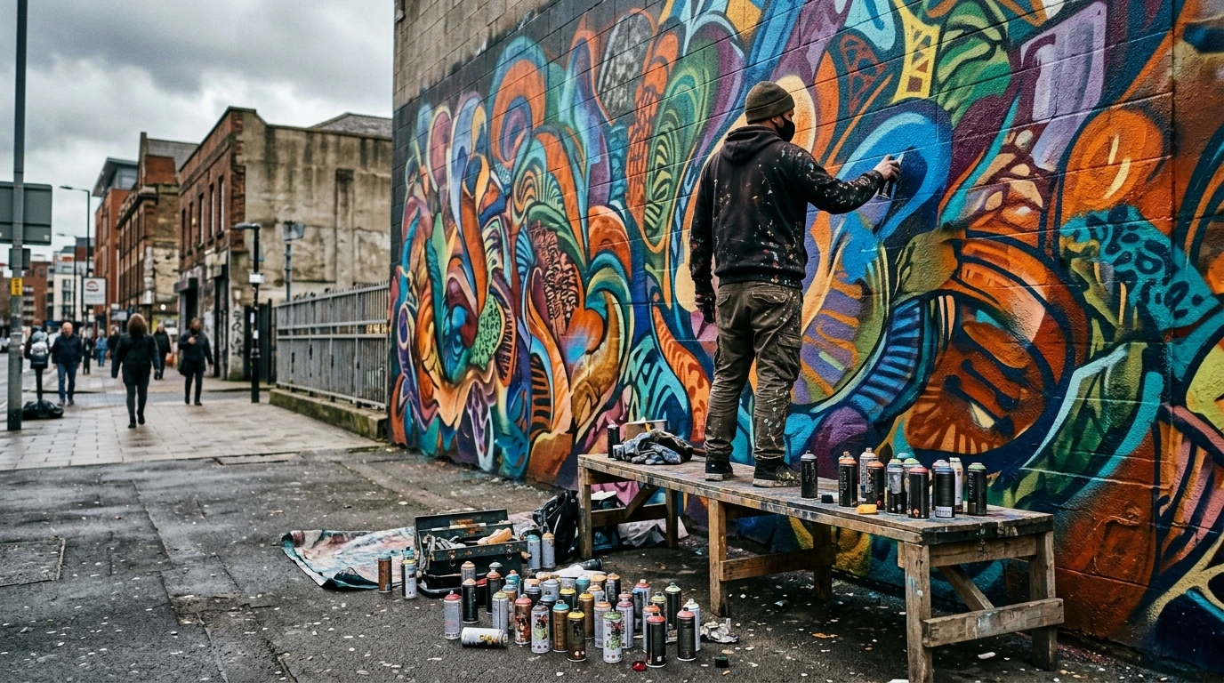 Artiste réalisant une fresque de street art sur un mur