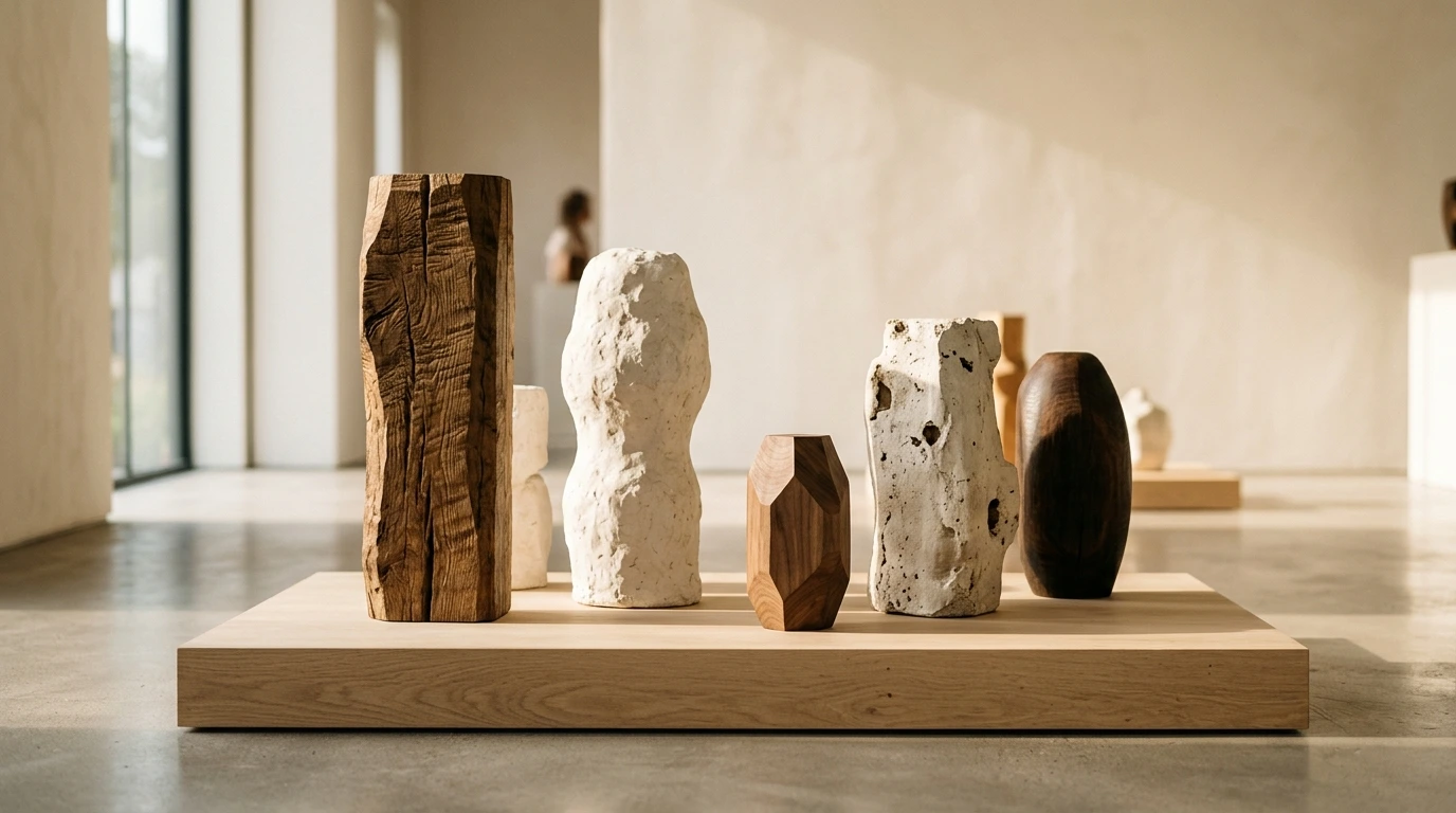 Sculptures en bois et plâtre dans un espace d’exposition