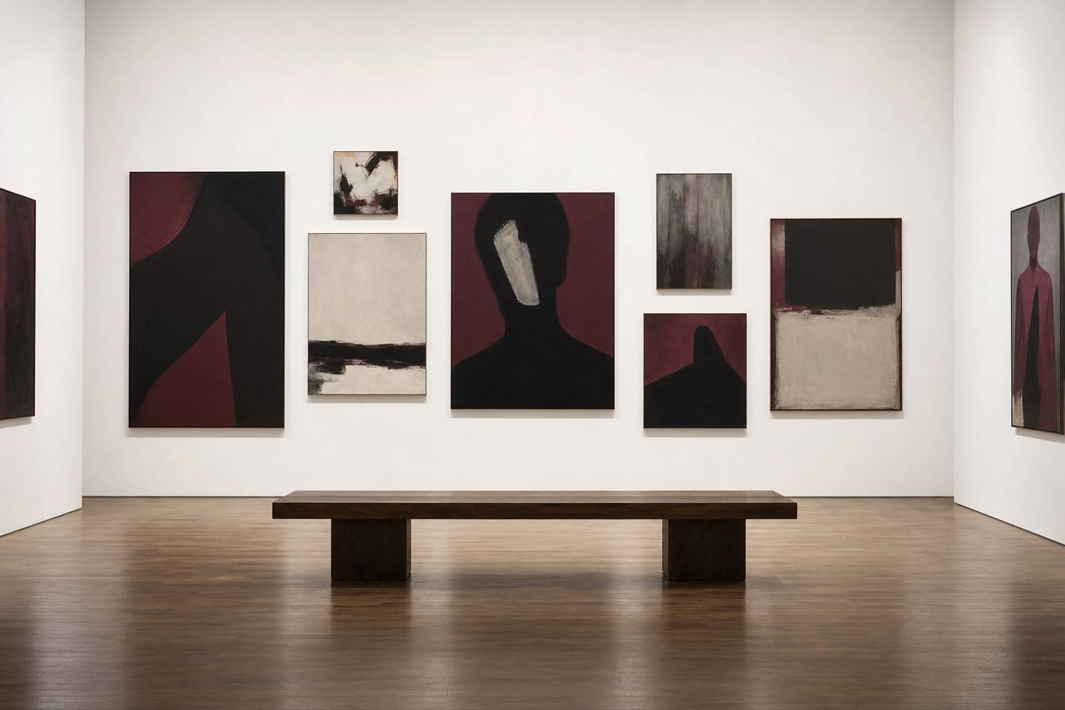 Accrochage de tableaux variés sur une cimaise blanche avec un banc en bois