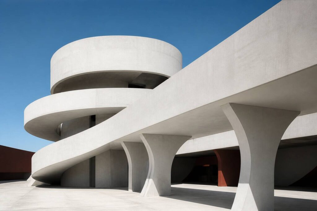 Architecture moderne en béton blanc aux courbes ondulantes et rampe