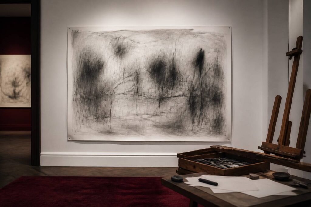 Grand dessin au fusain aux silhouettes esquissées dans un atelier d'artiste