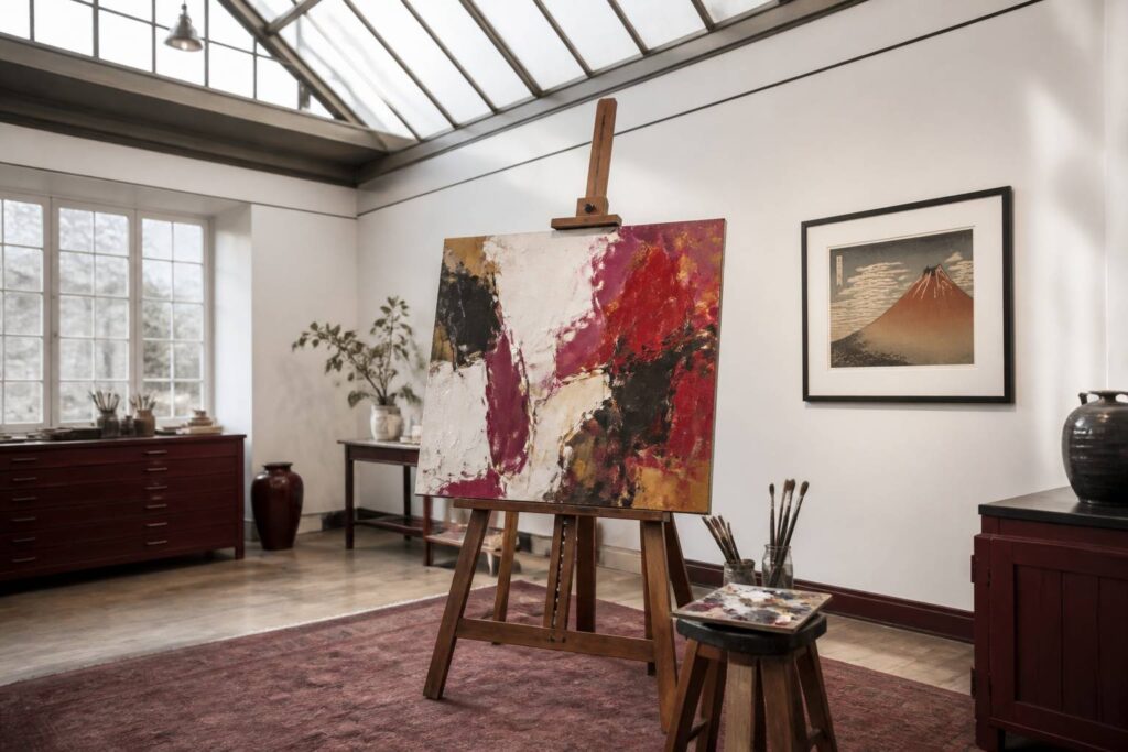 Atelier de peintre avec chevalet, palette et estampe japonaise au mur