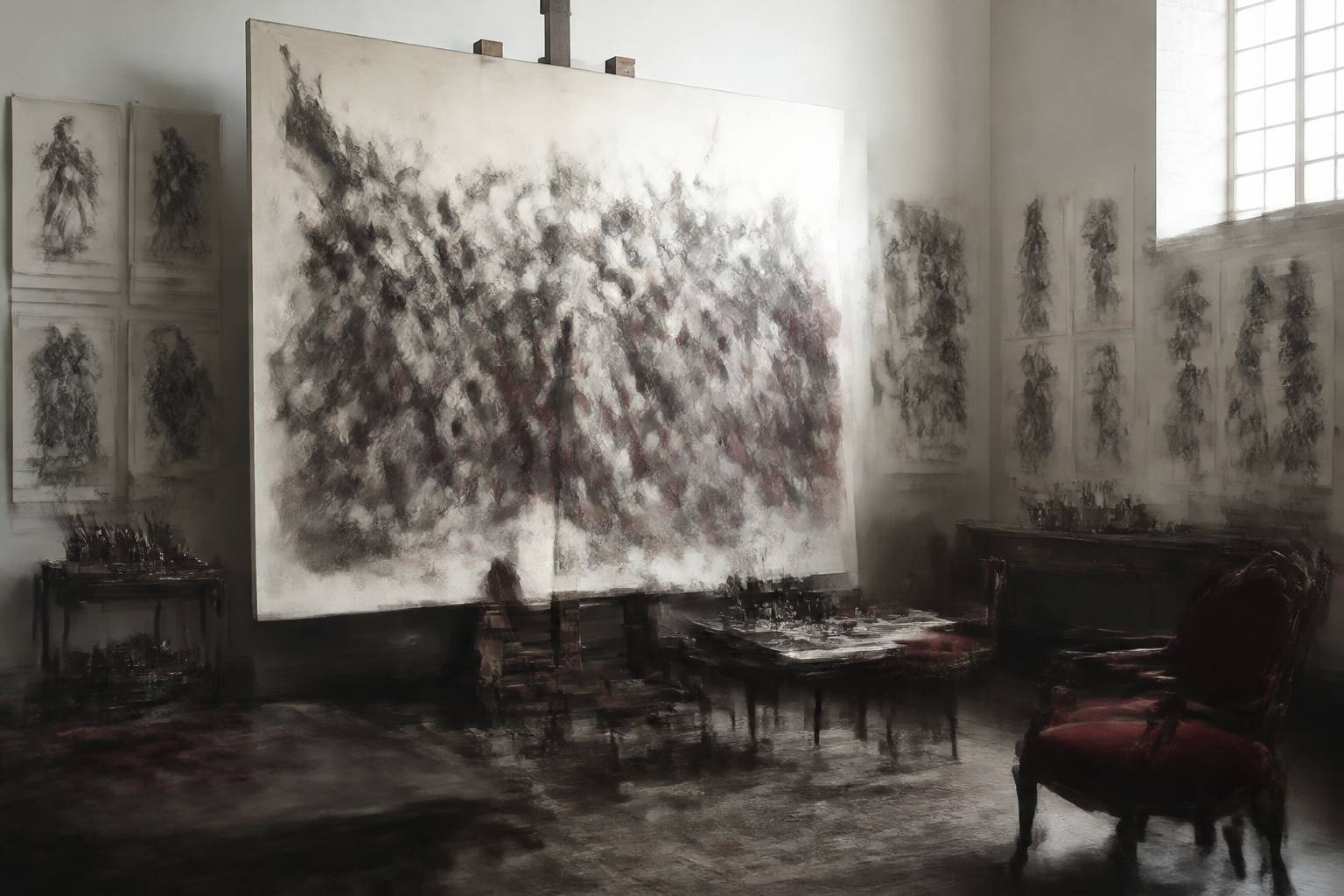 Atelier de peintre avec une grande toile en cours et études au fusain