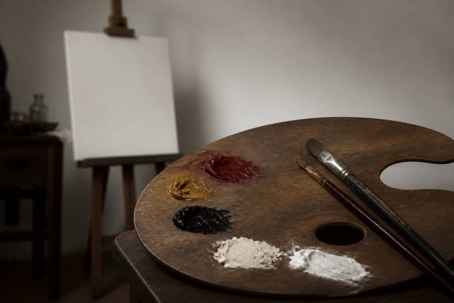 Palette de peintre avec couleurs à l'huile et pinceaux sur un chevalet