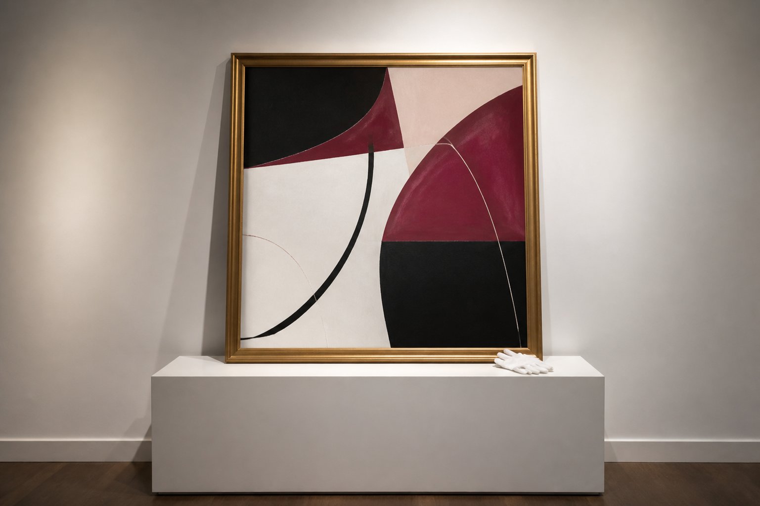 Tableau générique dans un cadre doré sur socle de musée, gants blancs de conservateur à côté