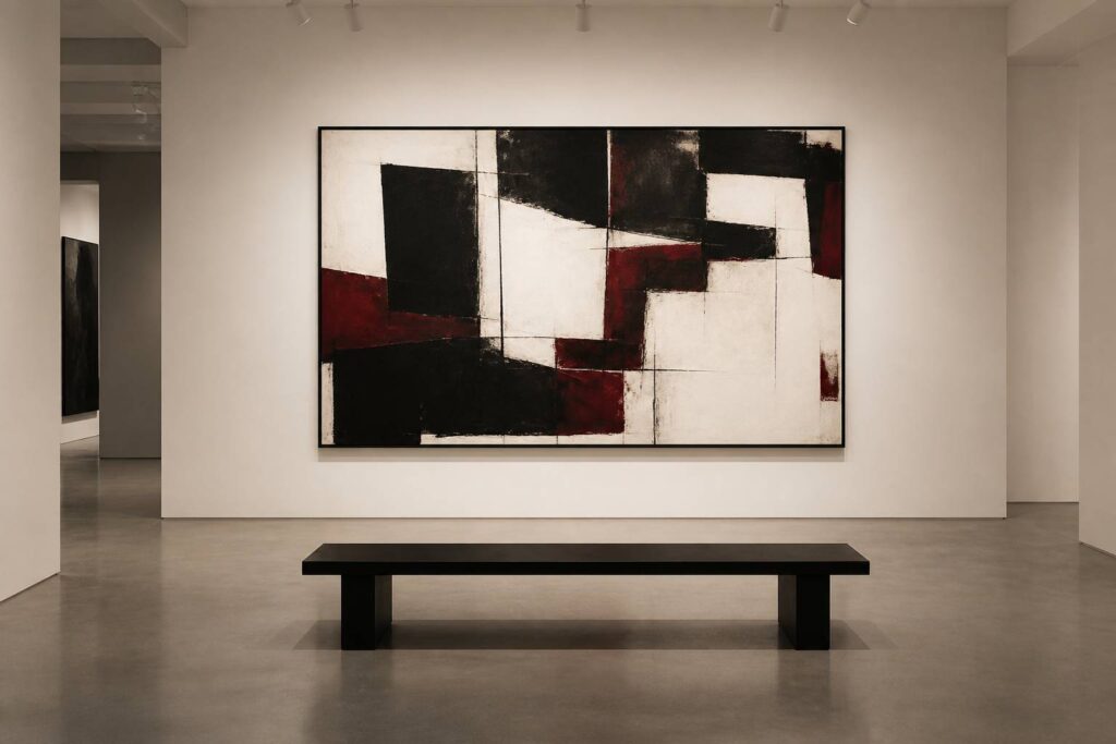 Galerie d'art contemporain avec œuvre abstraite sur mur blanc cimaise