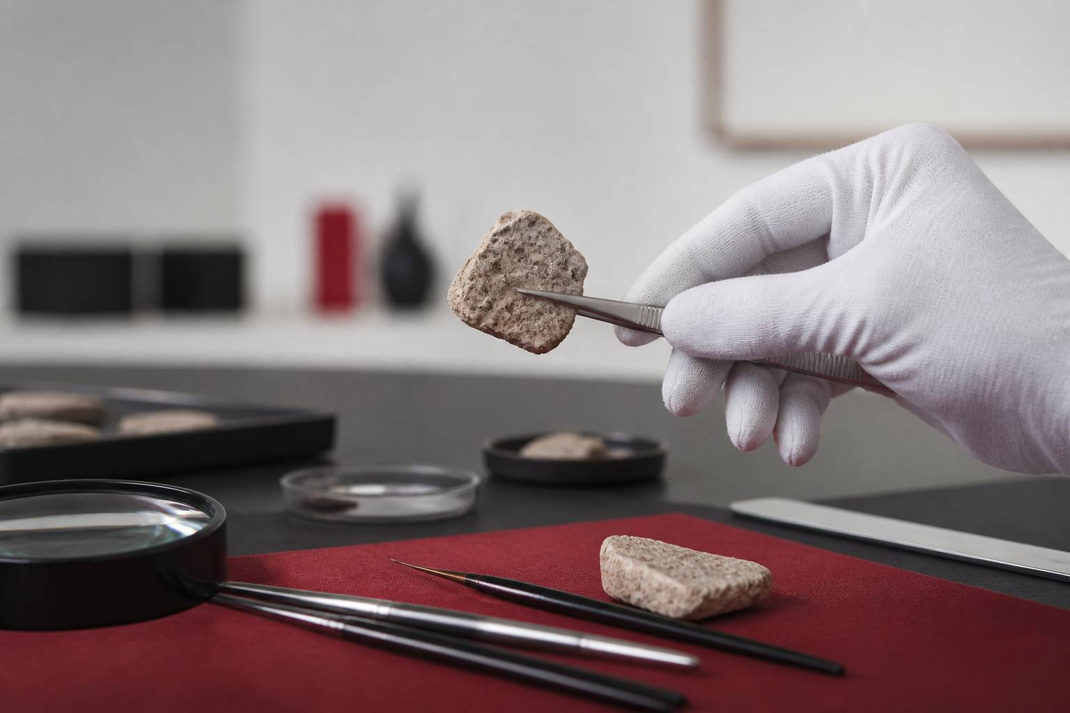 Fragment de calcaire oolithique analysé avec une pince en laboratoire