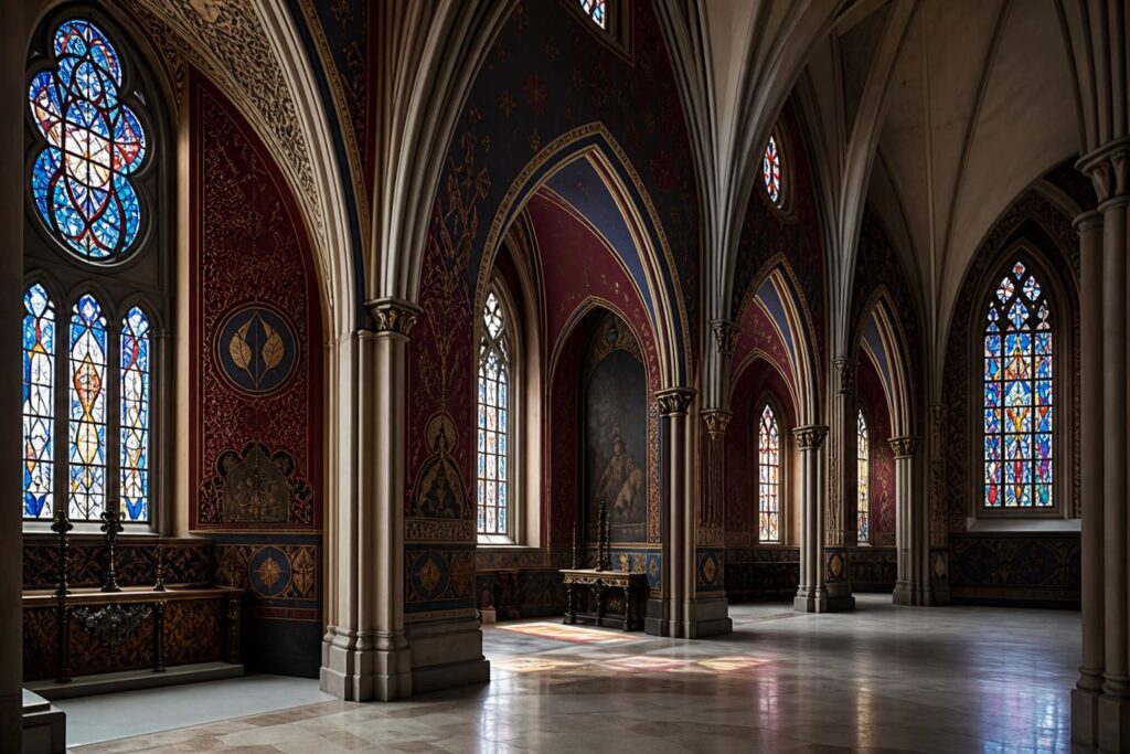 Intérieur de cathédrale gothique avec chapelles aux murs peints polychromes