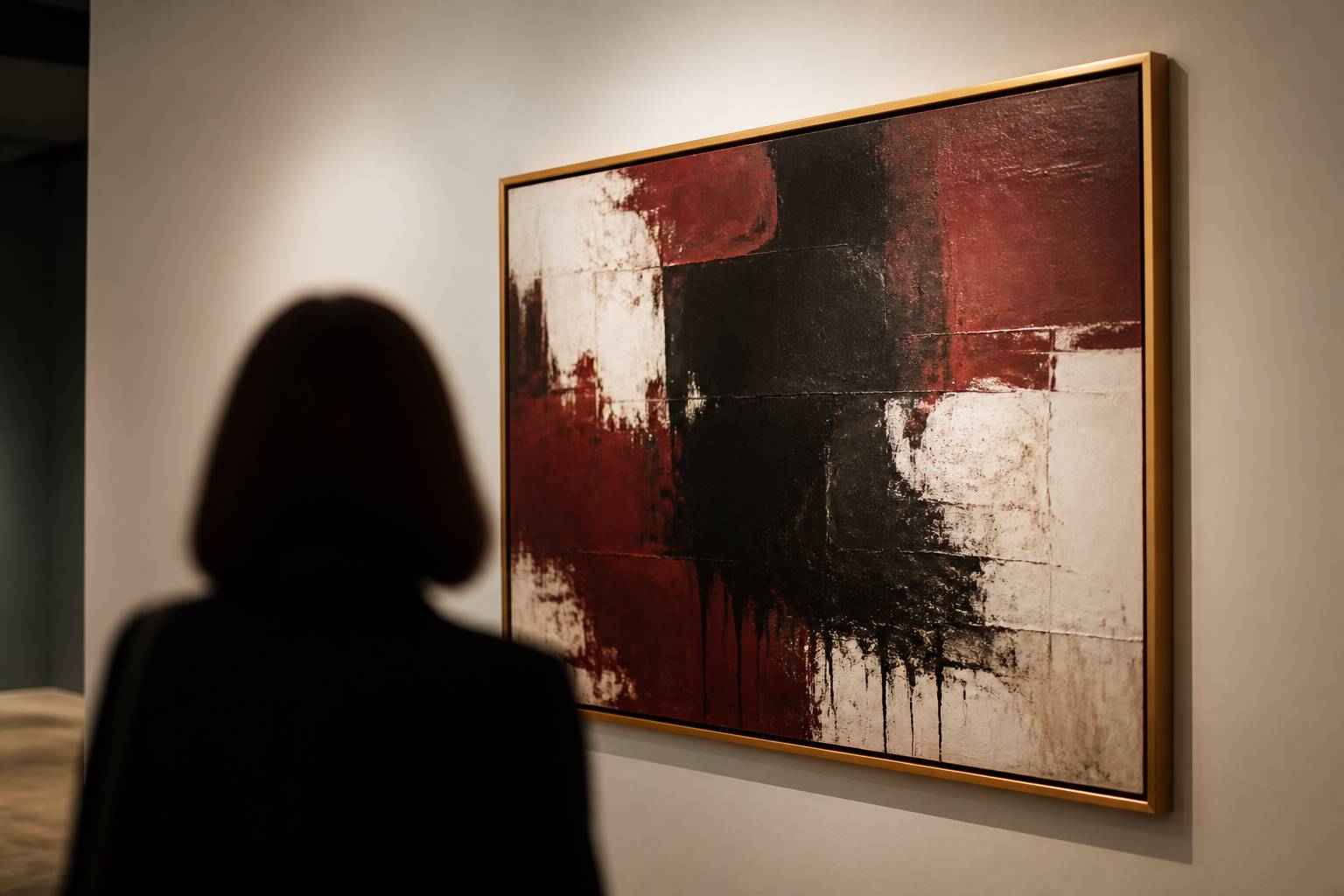 Grande toile dans un cadre doré contemplée dans une galerie