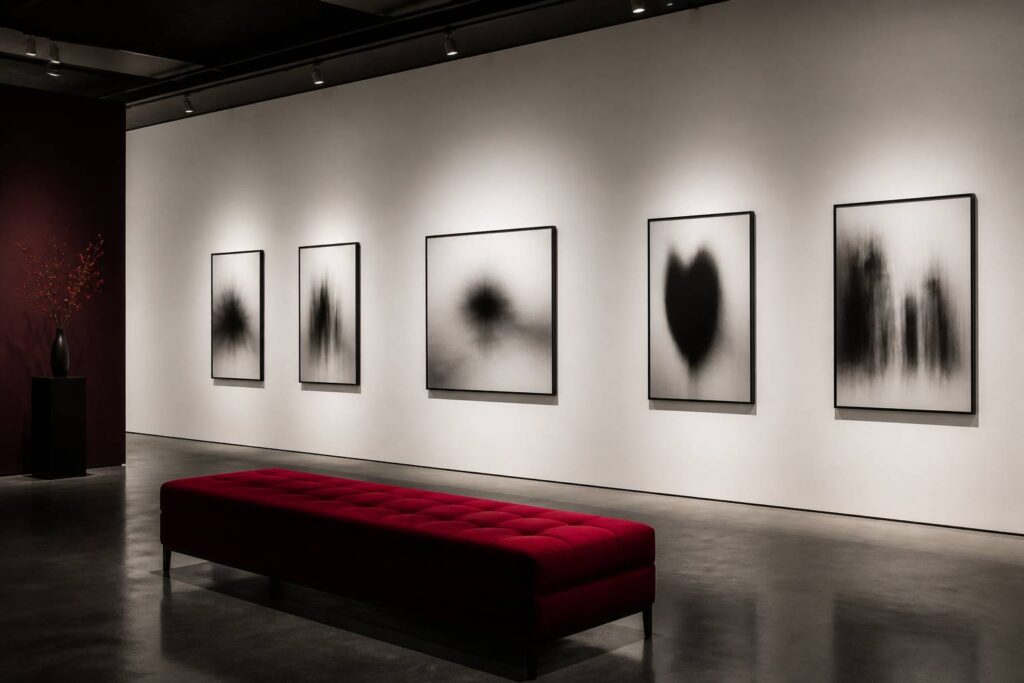 Mur de galerie blanche avec photographies en flou artistique encadrées
