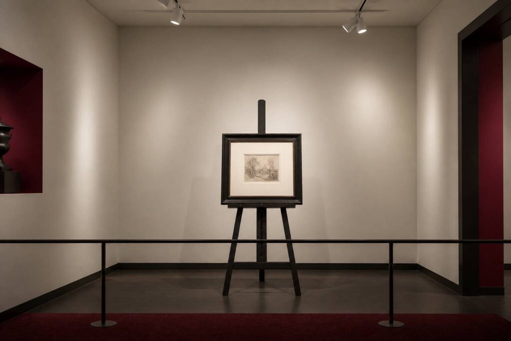 Petit dessin ancien encadré dans une salle d'exposition sobre