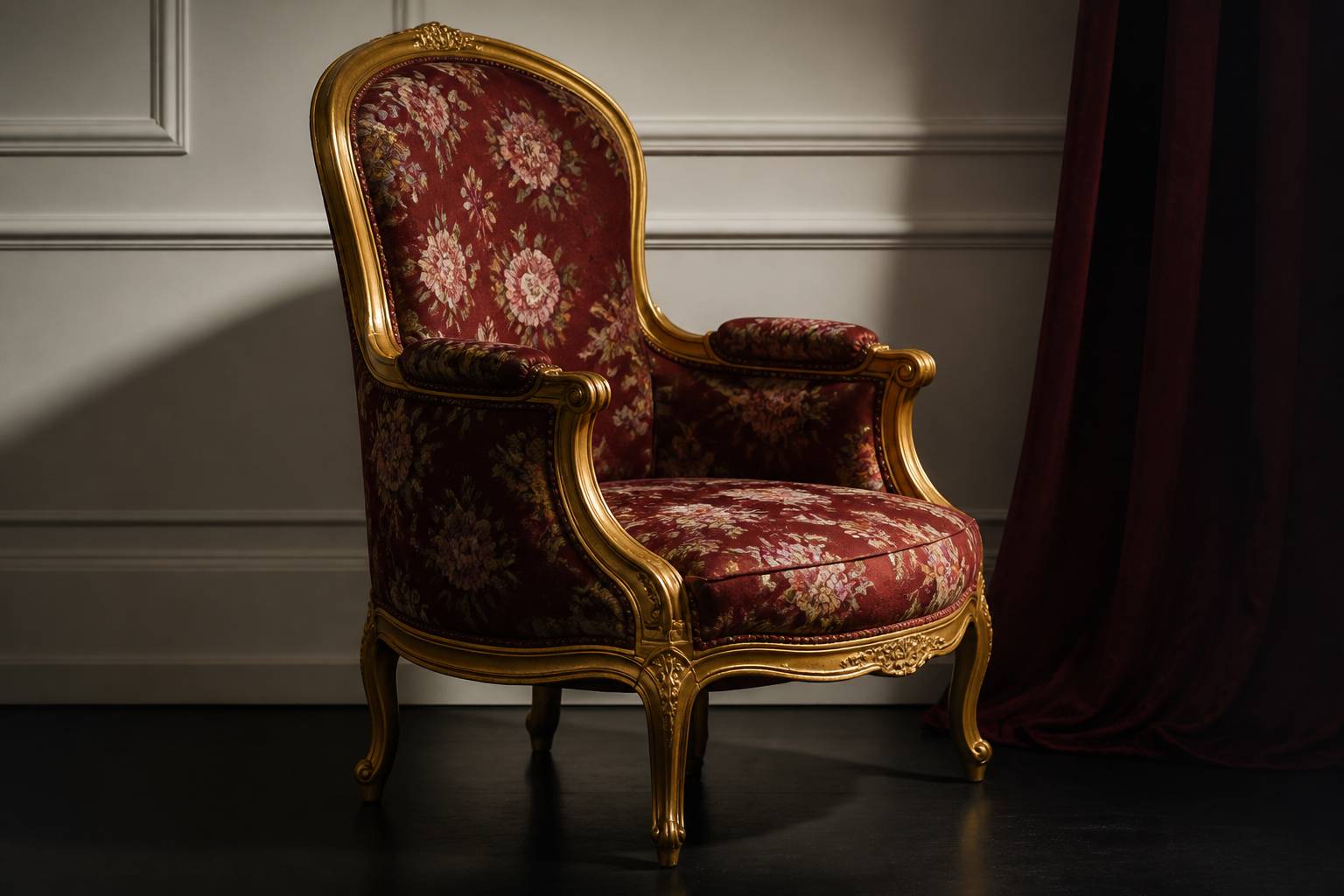 Accoudoir sculpté et pied cambré d'un fauteuil Louis XV