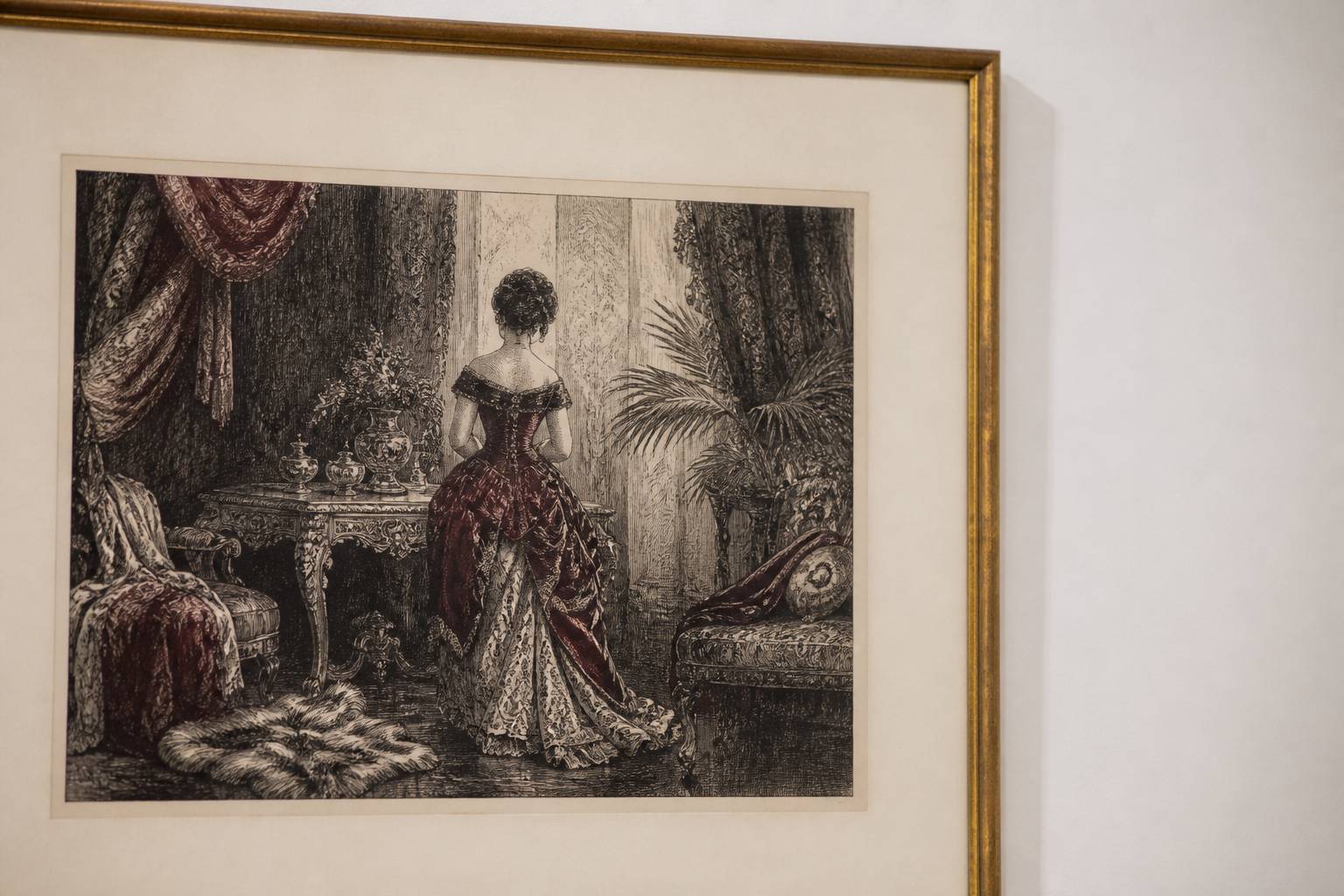Estampe ancienne encadrée représentant une scène d'intérieur