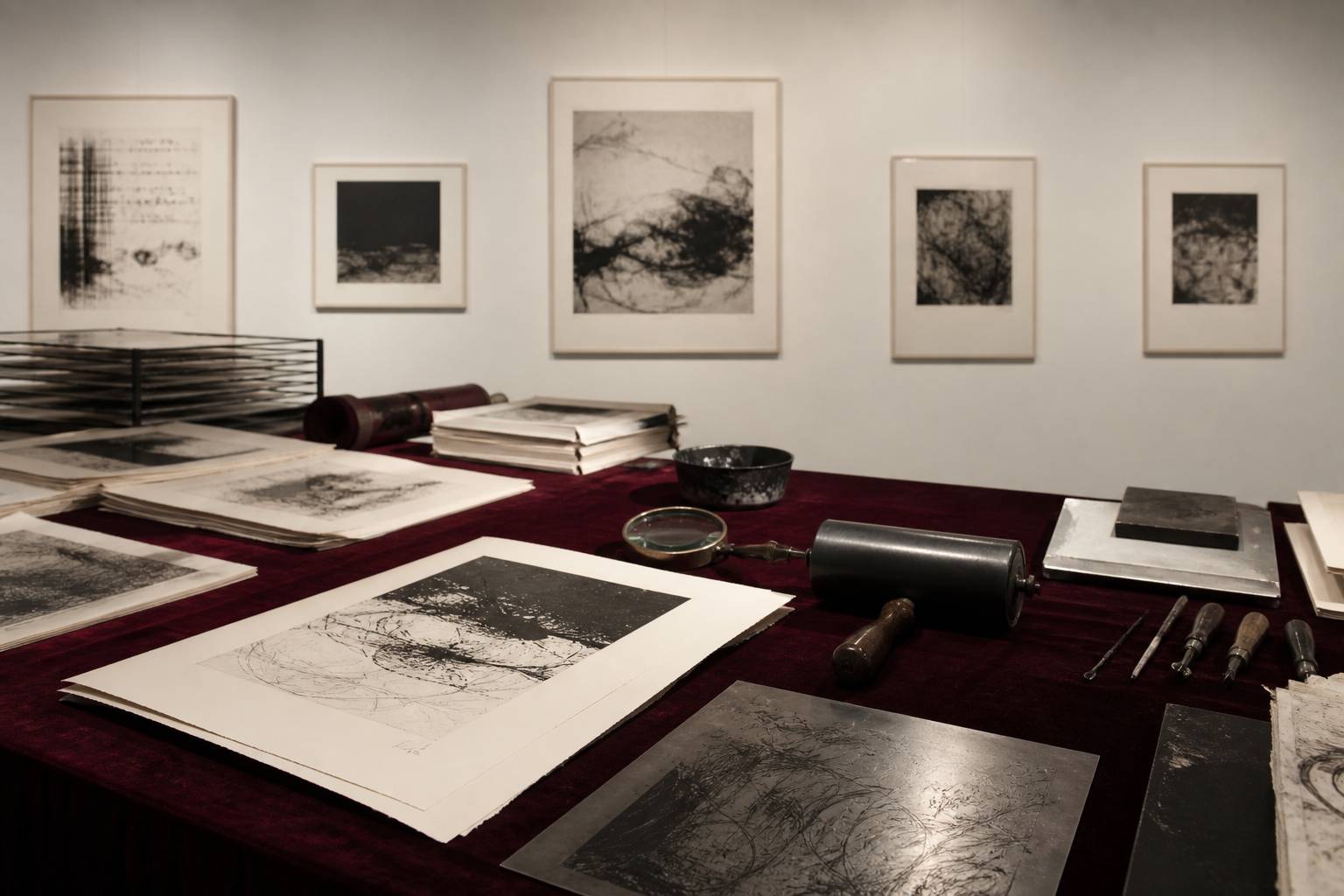 Estampes en noir et blanc signées et numérotées sur une table d'atelier