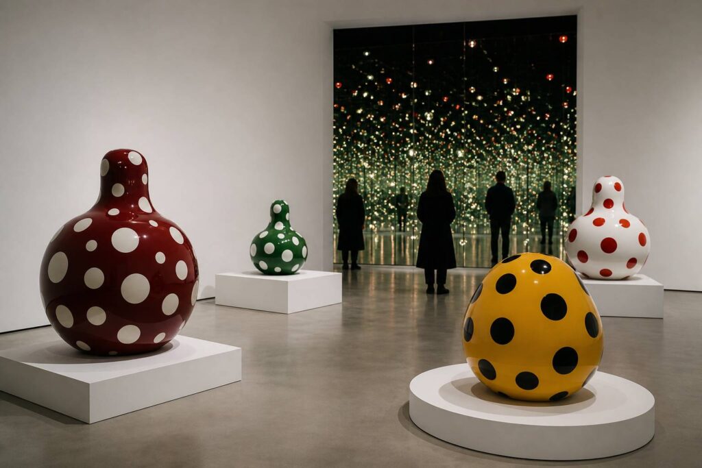 Salle d'exposition blanche avec sculptures abstraites à pois colorés