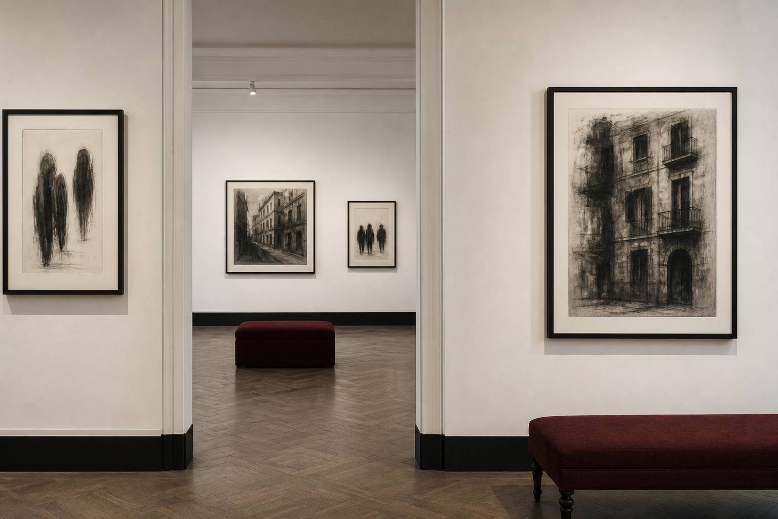 Dessins au fusain de silhouettes urbaines encadrés dans une salle de musée