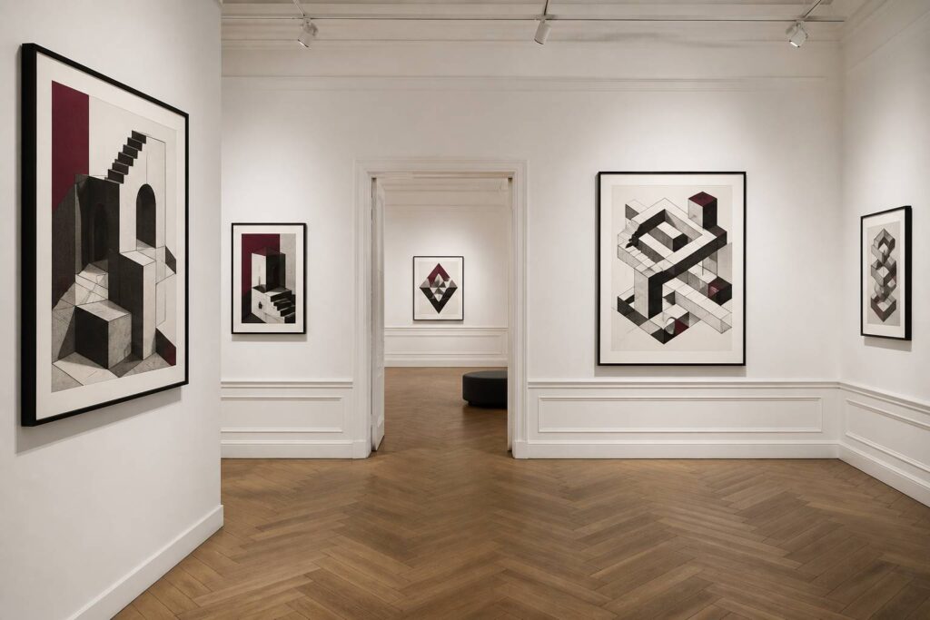 Salle d'exposition avec des gravures d'escaliers impossibles en noir et blanc