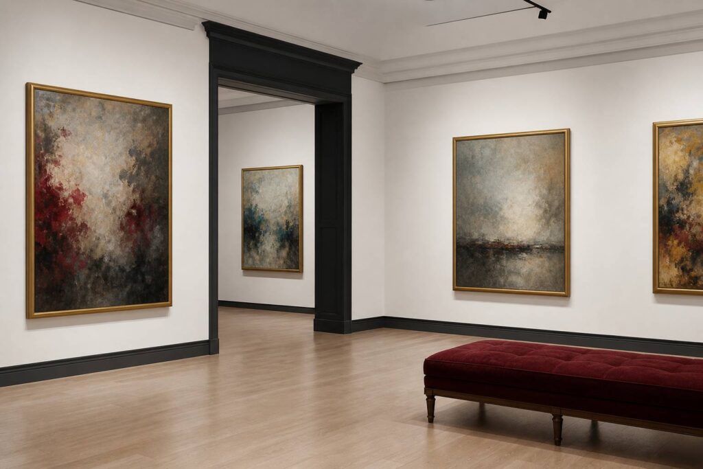 Salle d'exposition aux murs blancs avec de grands tableaux encadrés