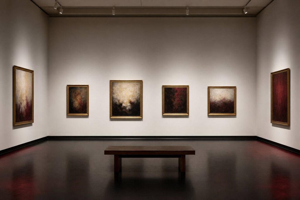 Galerie d'exposition avec tableaux à l'huile génériques sur cimaise blanche