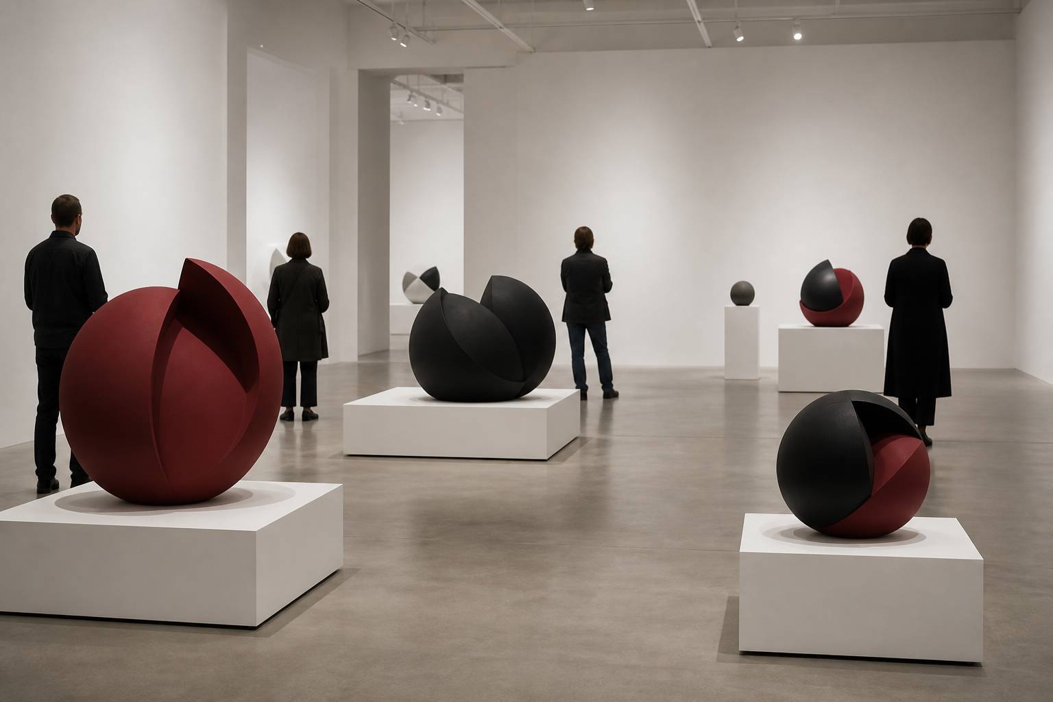 Salle d'exposition blanche avec sculptures colorées sur socles