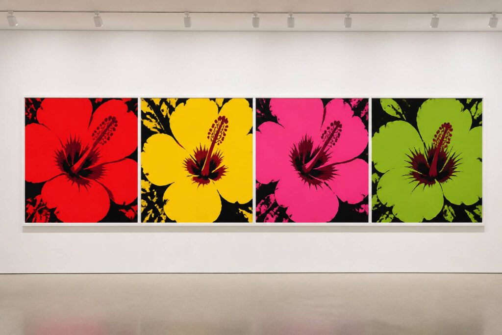 Quatre fleurs d'hibiscus aux couleurs vives façon pop art sur un mur de galerie