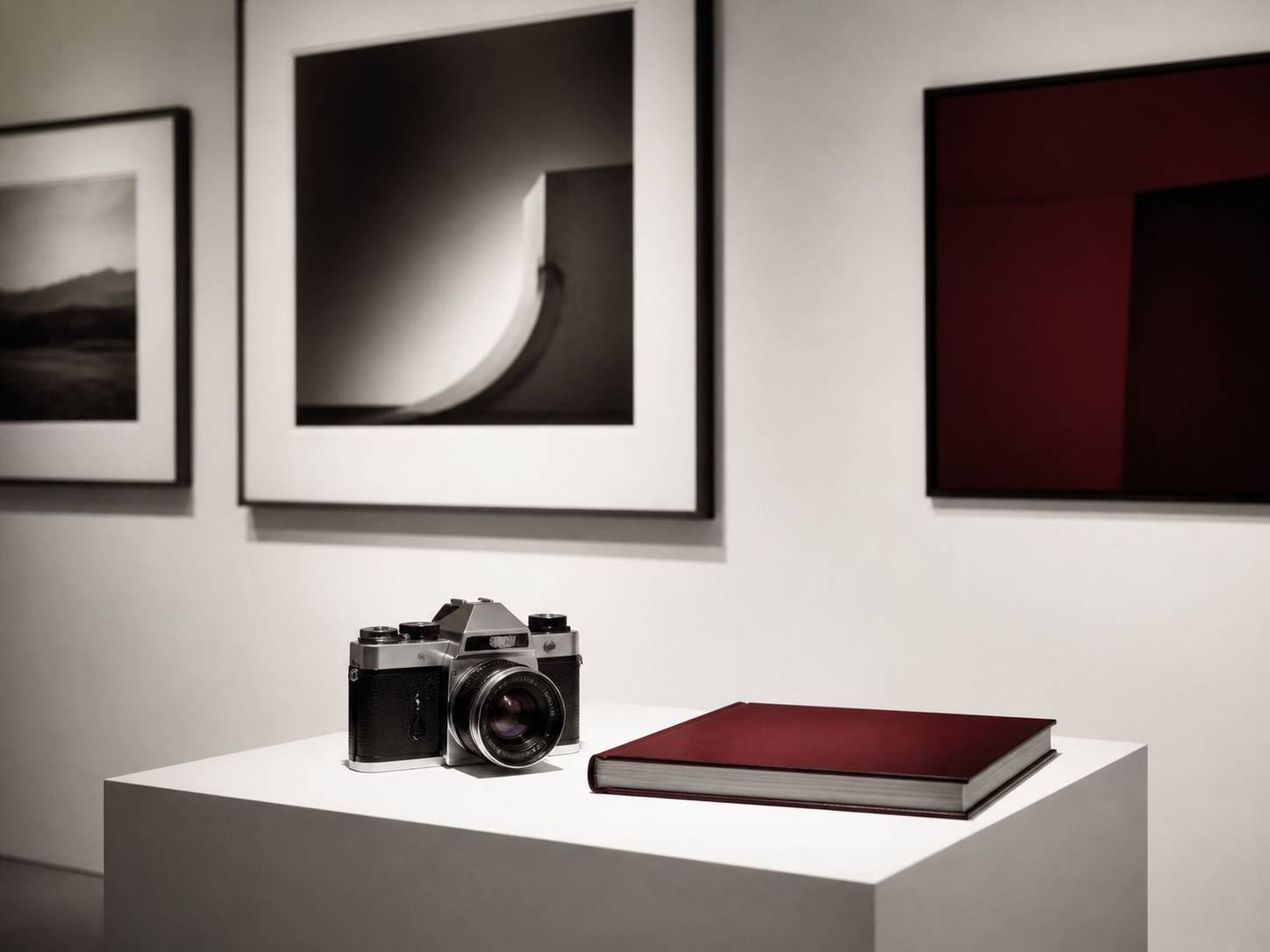 Appareil photo argentique posé sur un piédestal blanc de galerie