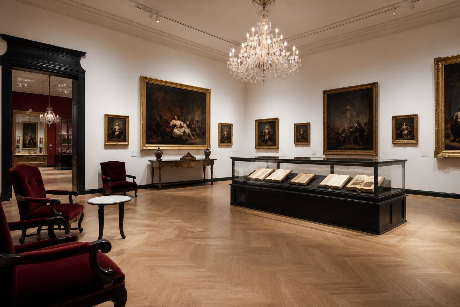 Galerie d'apparat avec tableaux anciens et vitrines