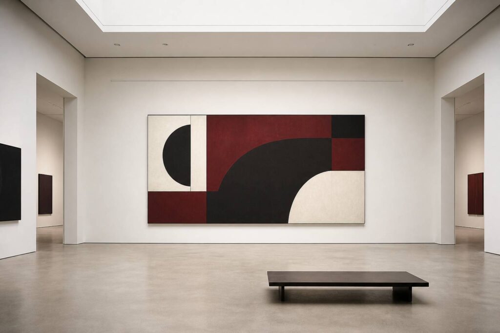 Salle de galerie d'art vide avec œuvre abstraite sur cimaise blanche