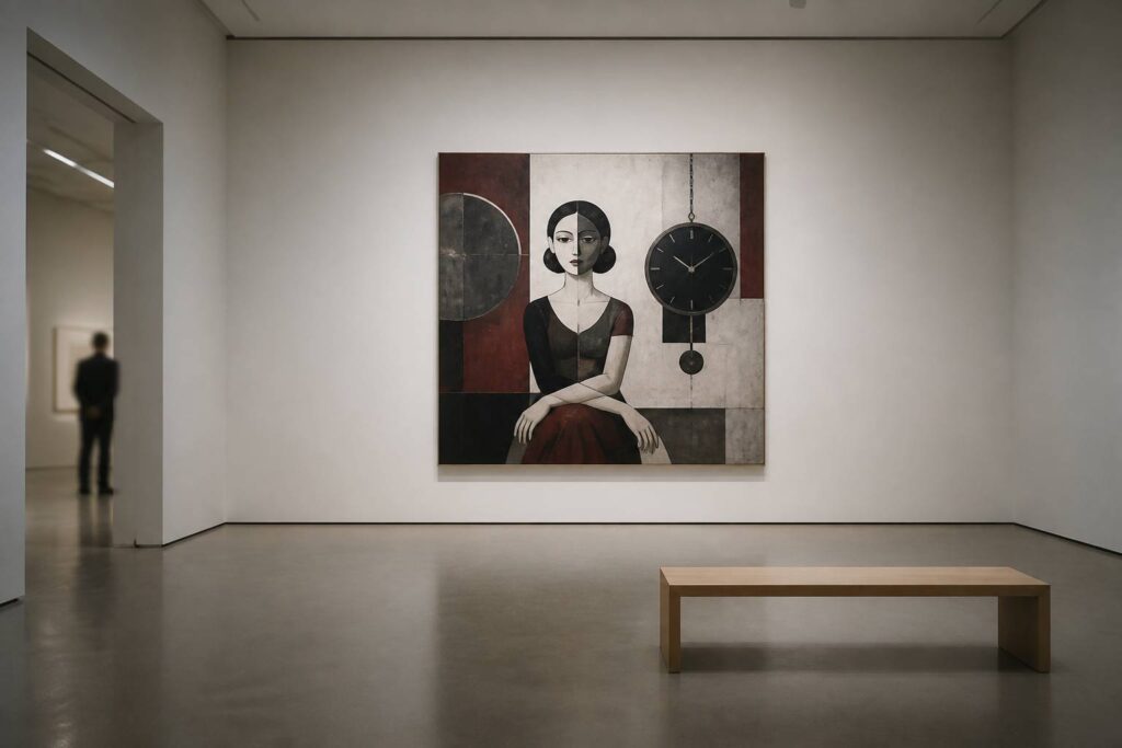 Salle de galerie d'art avec grande toile stylisée de femme à la montre sur cimaise blanche et banc en bois