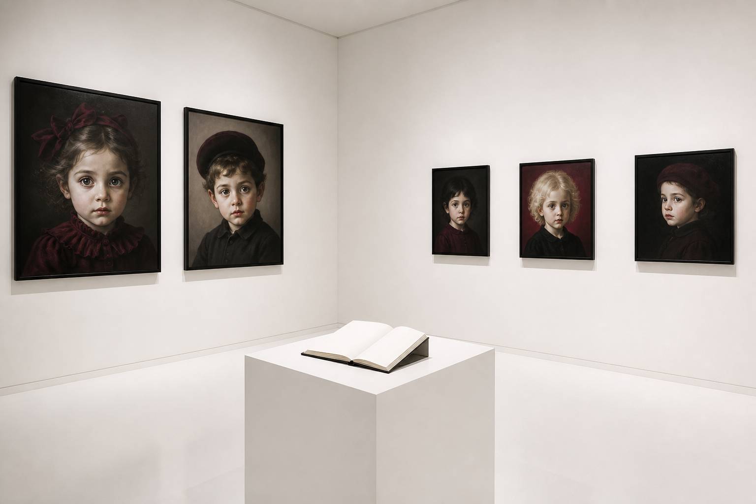 Plusieurs cadres de portraits aux grands yeux au mur