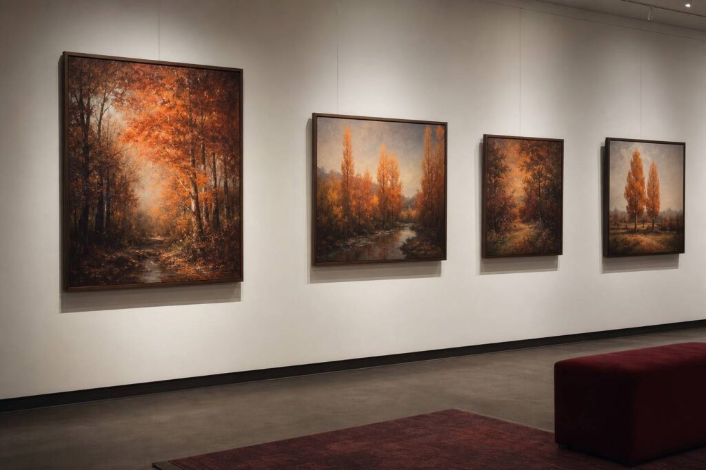 Mur de galerie blanc avec des tableaux de paysages d'automne encadrés