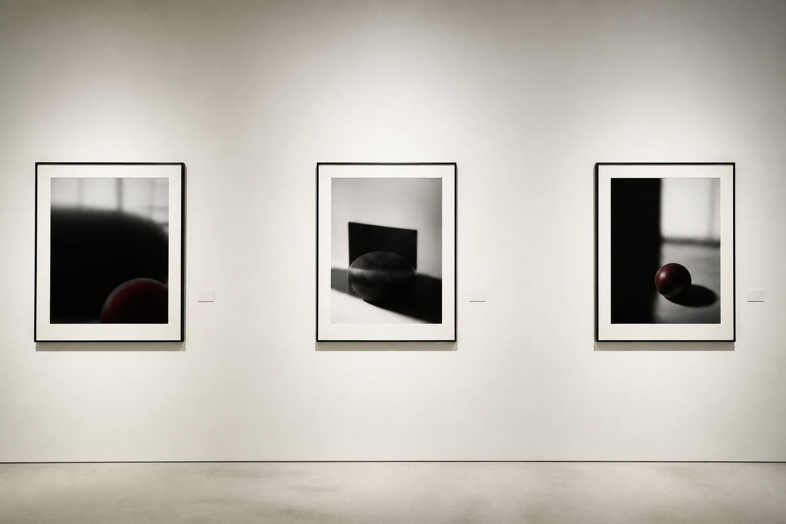 Trois tirages noir et blanc encadrés sur une cimaise blanche de galerie