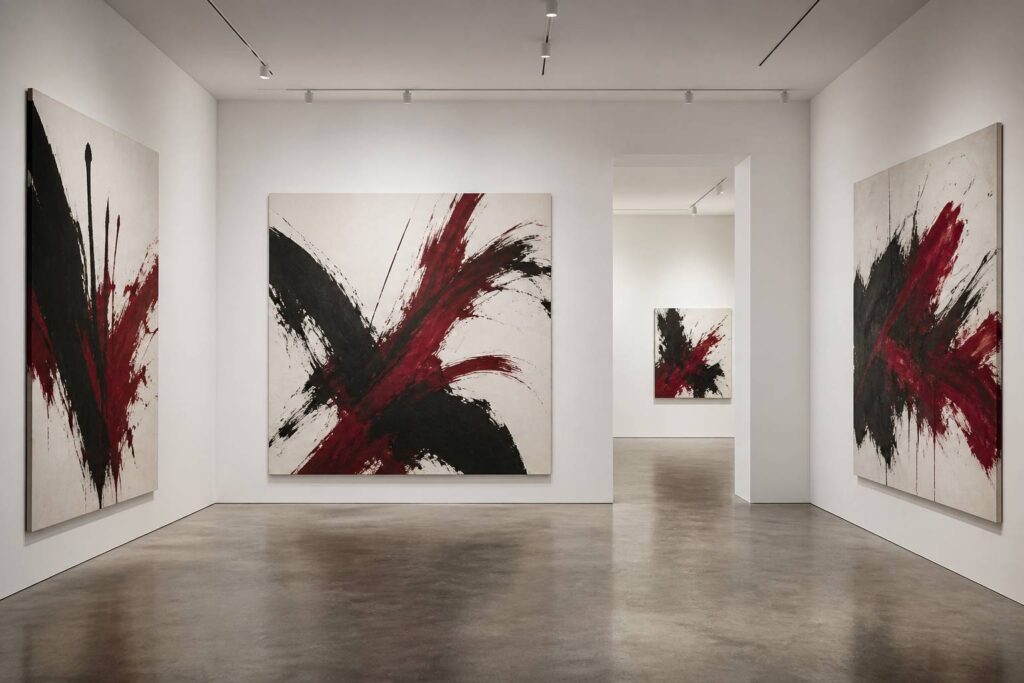 Grandes toiles abstraites aux gestes noirs et rouges dans une galerie blanche