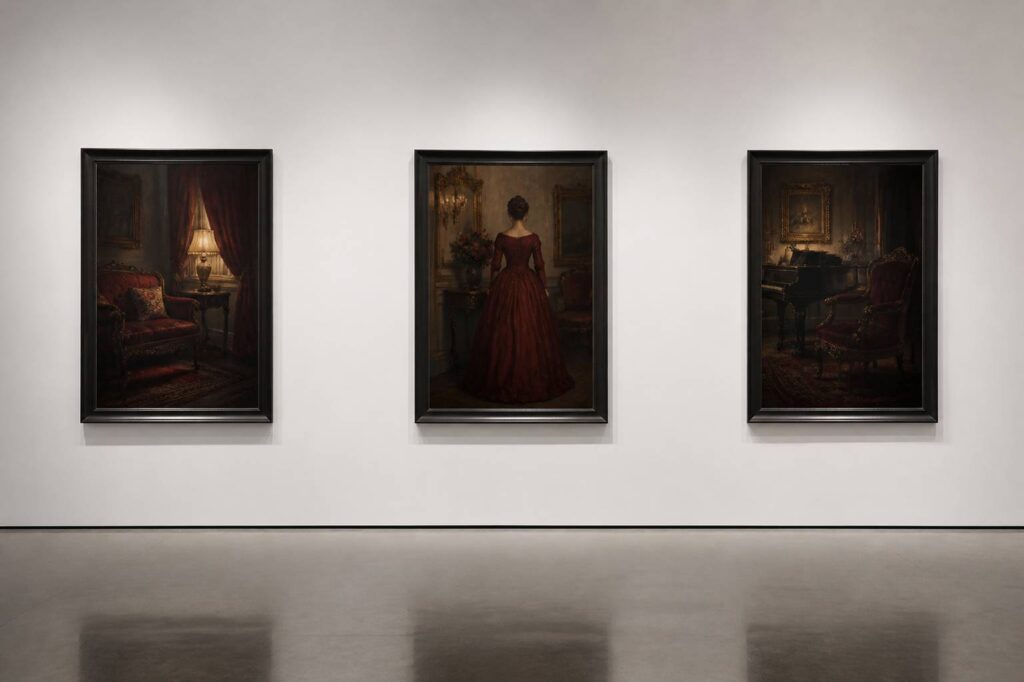 Tableaux victoriens élégants accrochés sur une cimaise de galerie