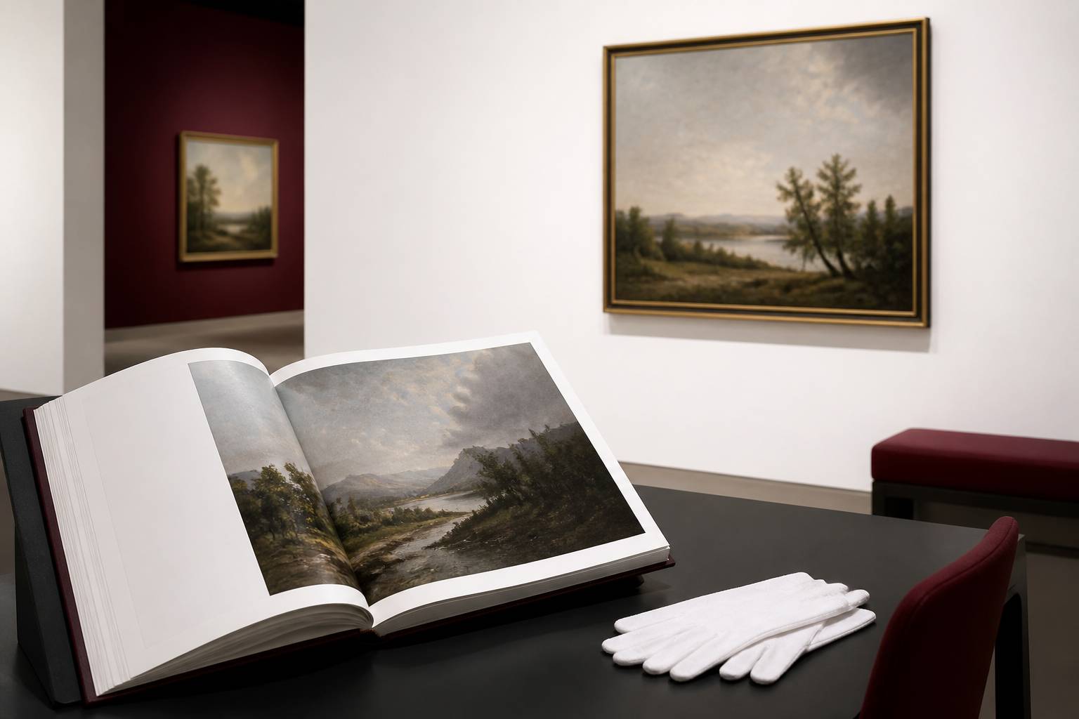 Livre d'art ouvert montrant une reproduction de peinture sur une table de lecture