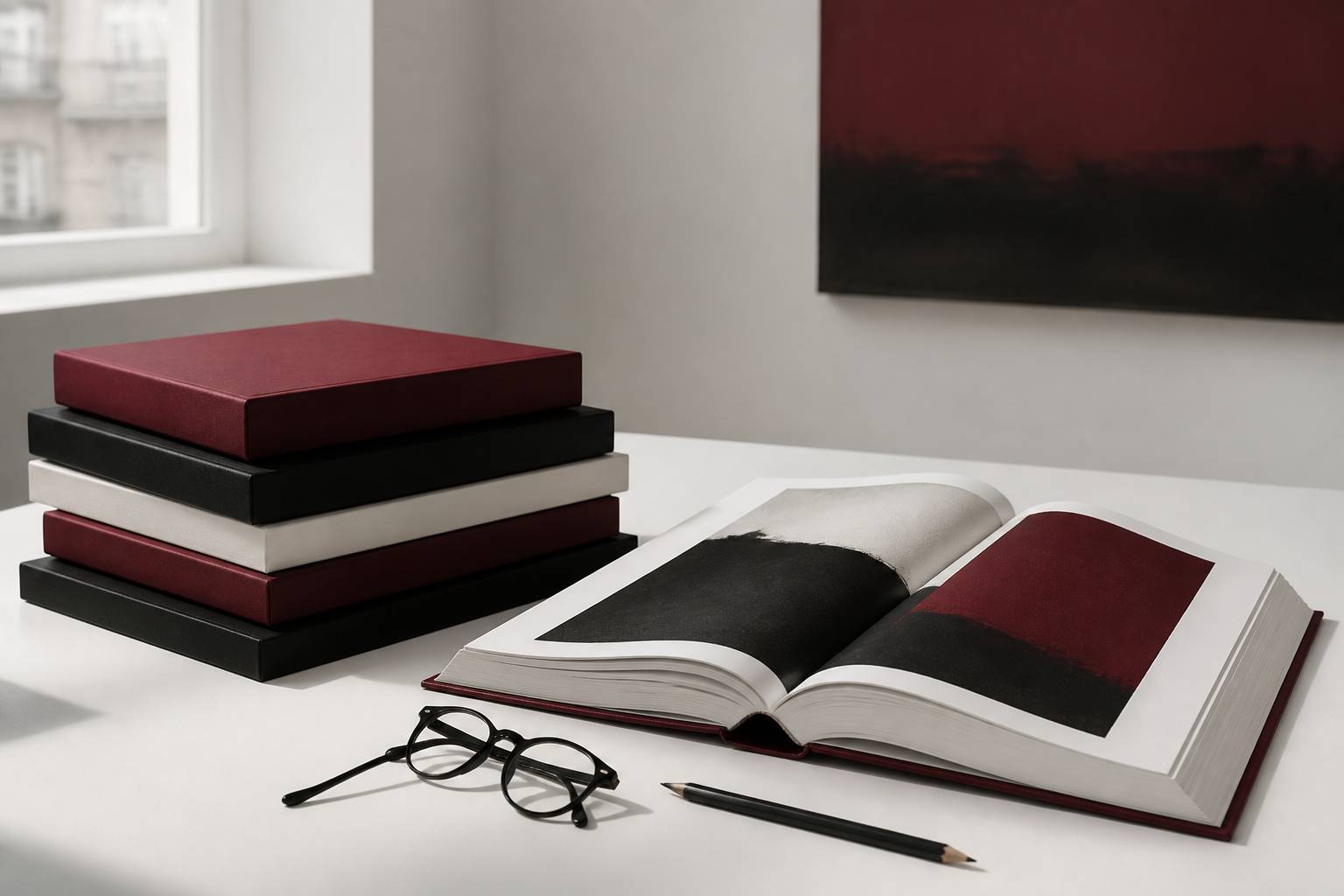 Pile de livres d'art et catalogue d'exposition sur une table blanche