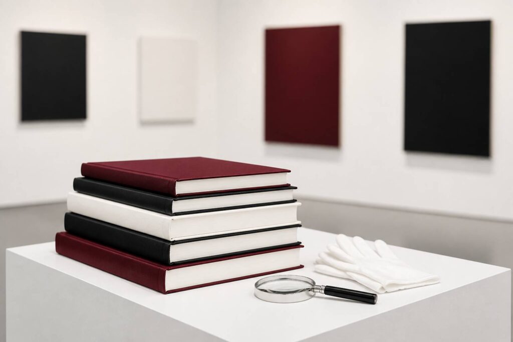 Pile de livres d'art sur un piédestal blanc avec une loupe dans une galerie