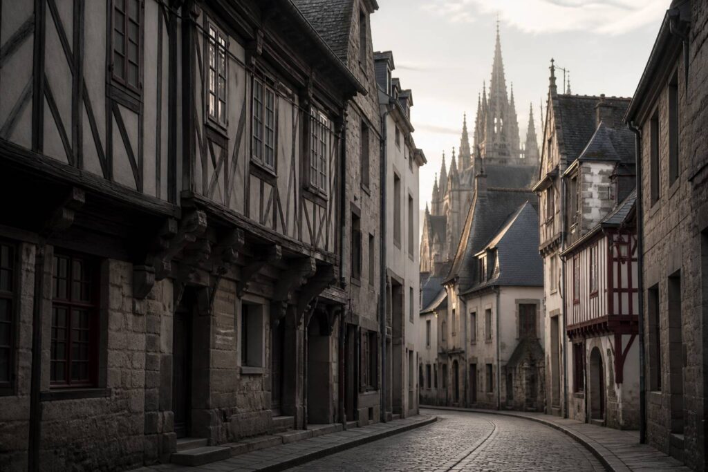 Maisons médiévales à pans de bois dans une rue de Tréguier avec la cathédrale en arrière-plan